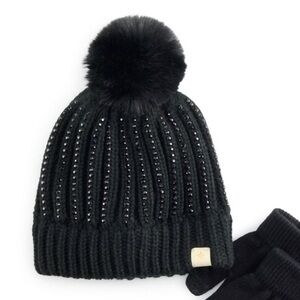 Kids Kohl’s Black Knit Beanie With Rhinestones and Pom Pom